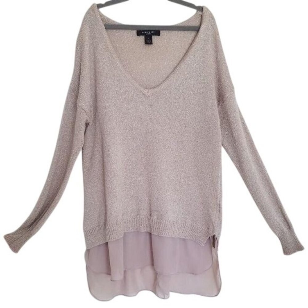 Nine West Women Medium Metallic gray Knit Sweater With Chiffon Hem long sweater